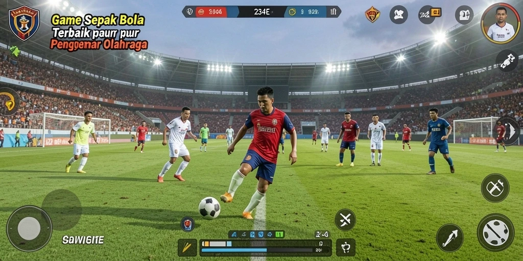Screenshot gameplay 234E menampilkan aksi seru di lapangan sepak bola.