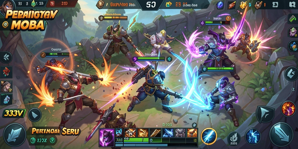 Screenshot utama 333V menampilkan pertempuran seru antara karakter-karakter MOBA.