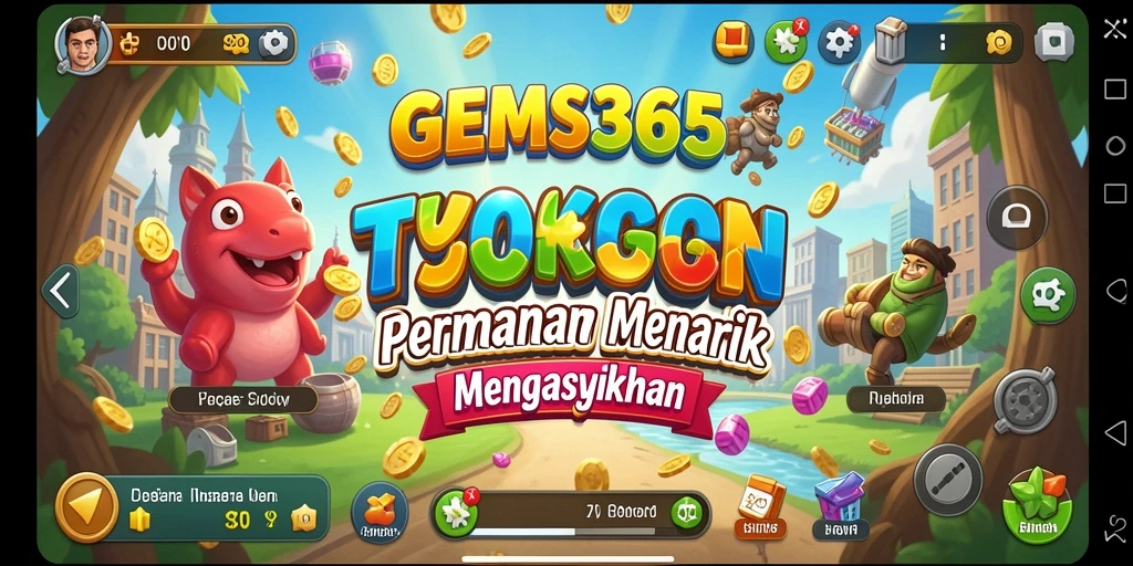 Tampilan gameplay menarik dari GEMS365 yang menonjolkan elemen Tycoon.
