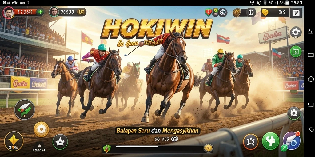 Tampilan gameplay seru HOKIWIN dengan balapan mobil cepat.