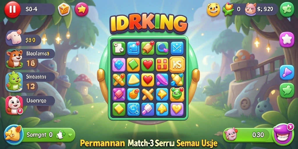 Tampilan gameplay <strong>IDRKING</strong> dengan permata berwarna-warni dan tantangan menantang.
