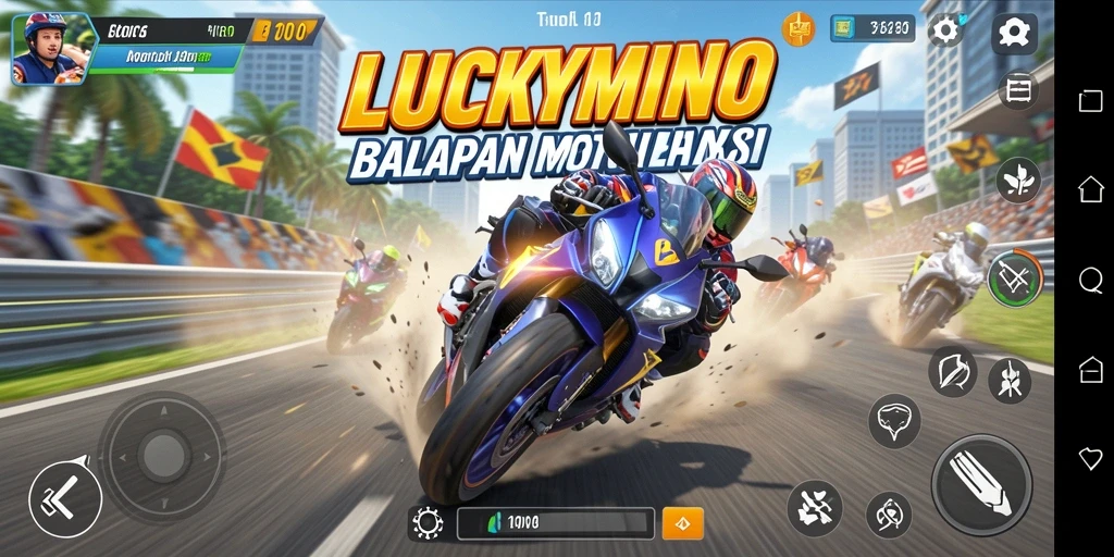 Screenshot gameplay LUCKYMINO menampilkan balapan motor yang intens dan mendebarkan.