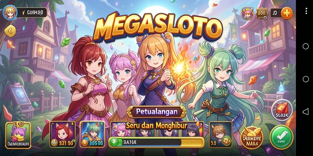 Screenshot MEGASLOTO menampilkan karakter anime yang sedang bertarung.