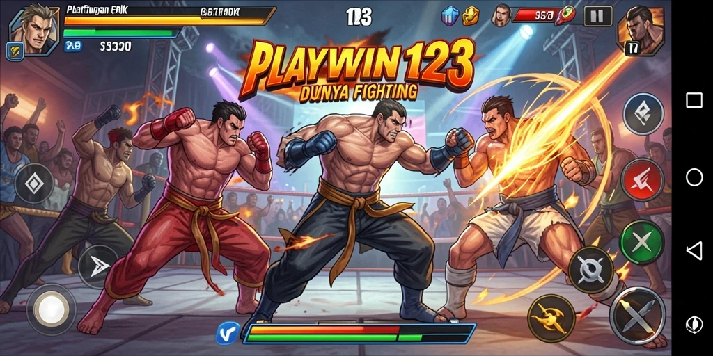 Screenshot utama menunjukkan pertarungan intens di arena PLAYWIN123.