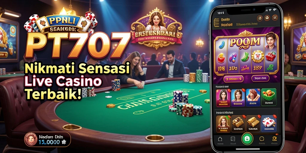 Tangkapan layar PT707 menampilkan dealer langsung dan suasana kasino yang mendebarkan.