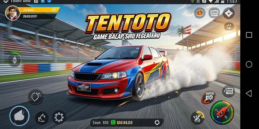 Screenshot TENTOTO menampilkan aksi balap yang mendebarkan dan mobil yang bertenaga.